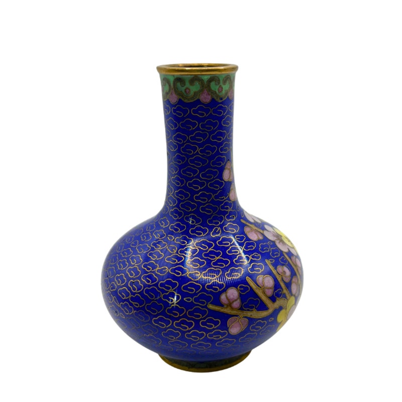 Vintage Cloisonne Miniature Vase Cobalt Blue Floral Bud Vase