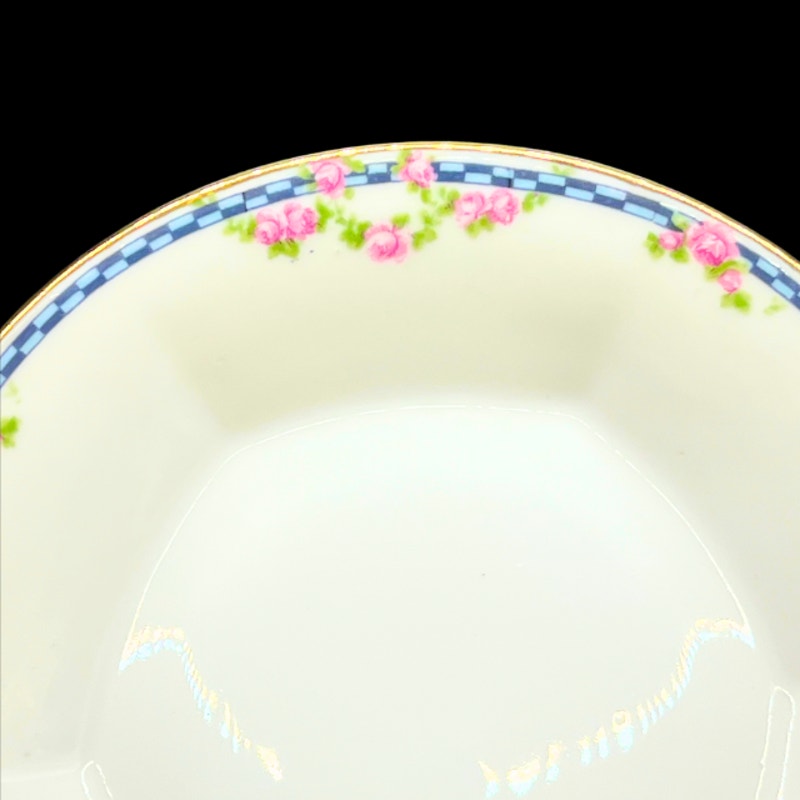 Antique French Limoges Tea Set Blue Ginham Pink Rose  19Pc  Charles Ahrenfeldt