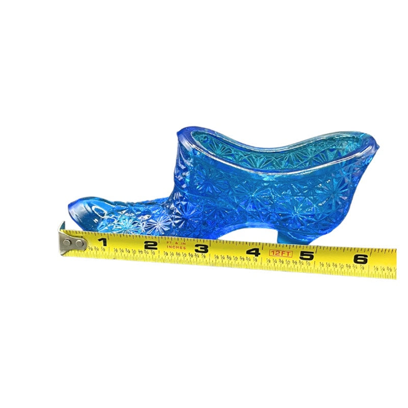 LE Smith Blue Glass Slipper Shoe Daisy Button UV Glow Vintage Figurine