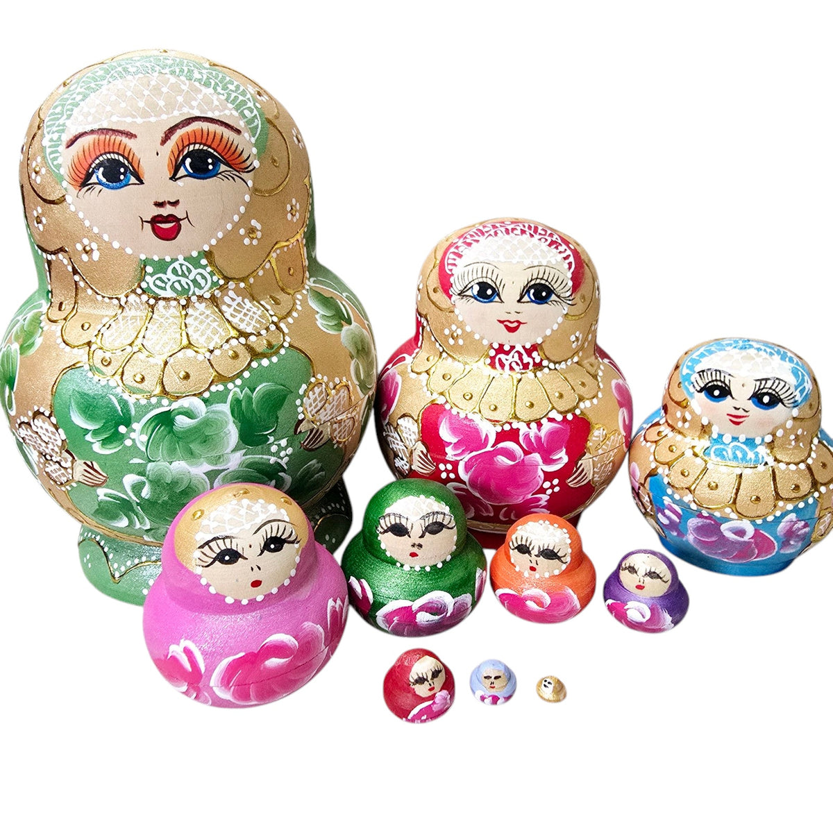 Vintage Russian Nesting Dolls 10 Piece Hand Painted Floral Matryoshka Wood