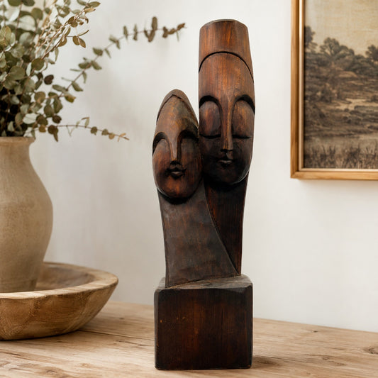 Vintage Hand Carved Wooden Sculpture Intertwined Embracing Figures Dark Wood