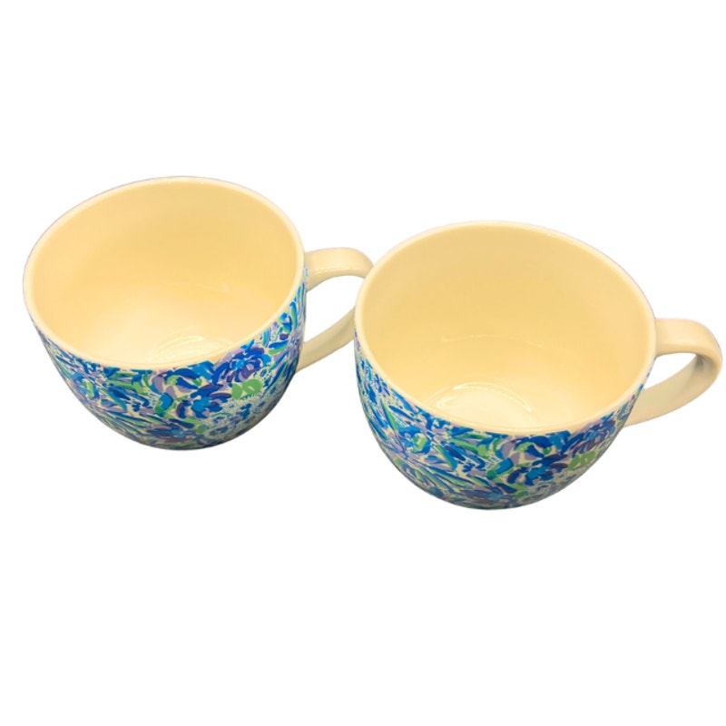 Lilly Pulitzer Ceramic Coffee Mugs Blue Floral High Maintenance Set of 2