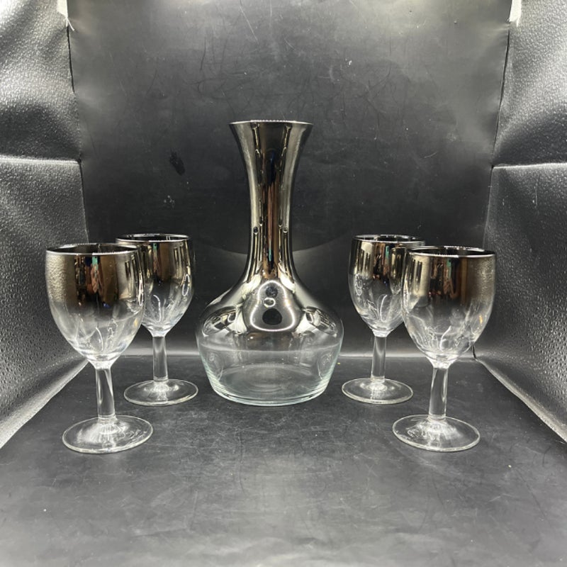 Vintage 1960s Silver Fade Decanter Stemware Set Mercury Ombre Barware