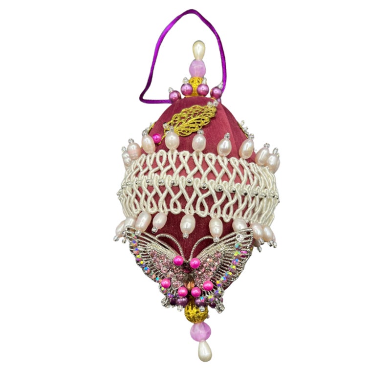 Vintage 1990s Handmade Jeweled Christmas Ornaments Set of 4 Satin Rhinestone