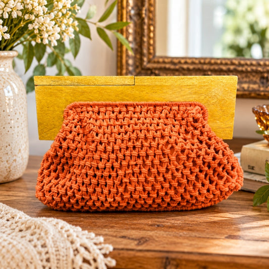 A New Day Orange Woven Crochet Wood Frame Clutch Purse Boho Cottagecore Handbag