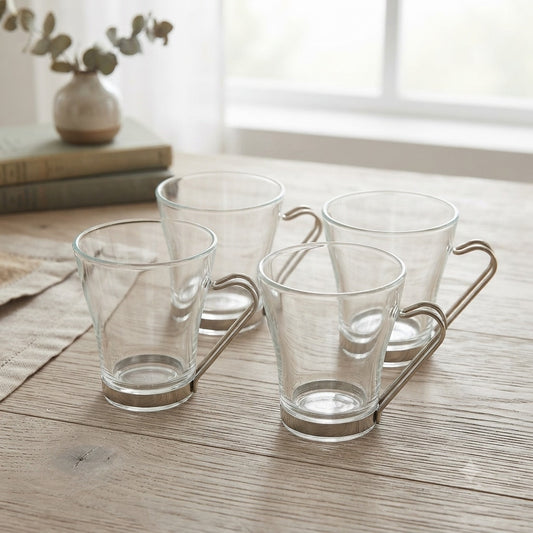 Bormioli Rocco Oslo Glass Cappuccino Cup Set 4 SS Handle Clear 7.5oz