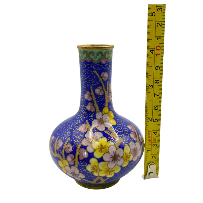 Vintage Cloisonne Miniature Vase Cobalt Blue Floral Bud Vase