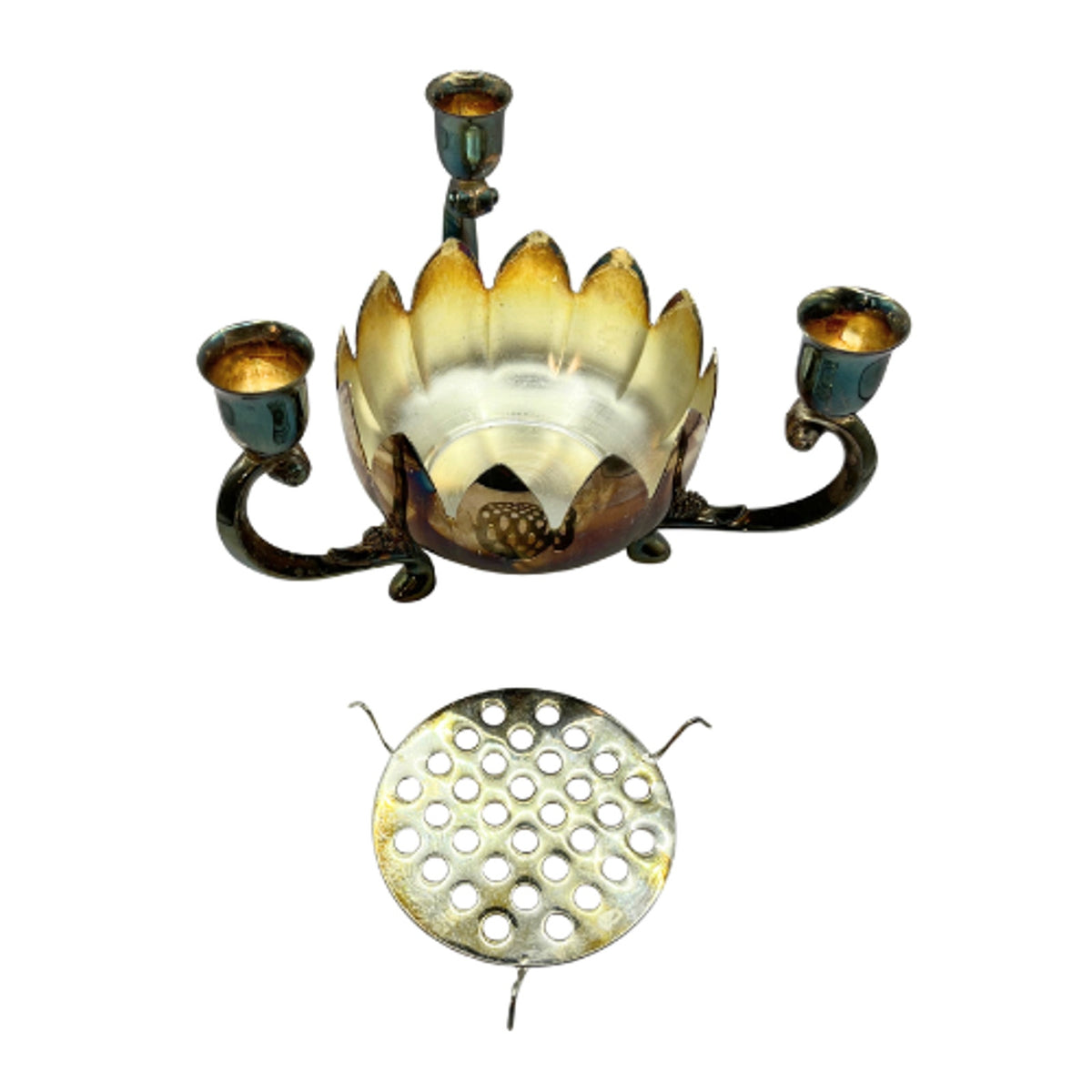 Vintage Hong Kong Silver Plate Lotus Flower Frog Candelabra Centerpiece Patina