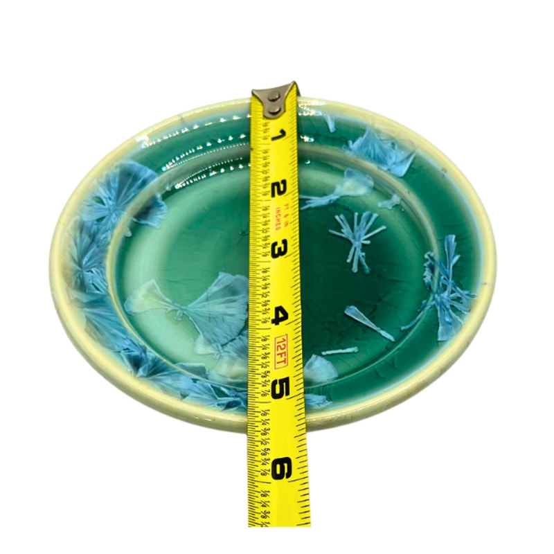 Signed Studio Pottery Art Plate Green Glaze Blue Crystalline Wall Hanging Dish