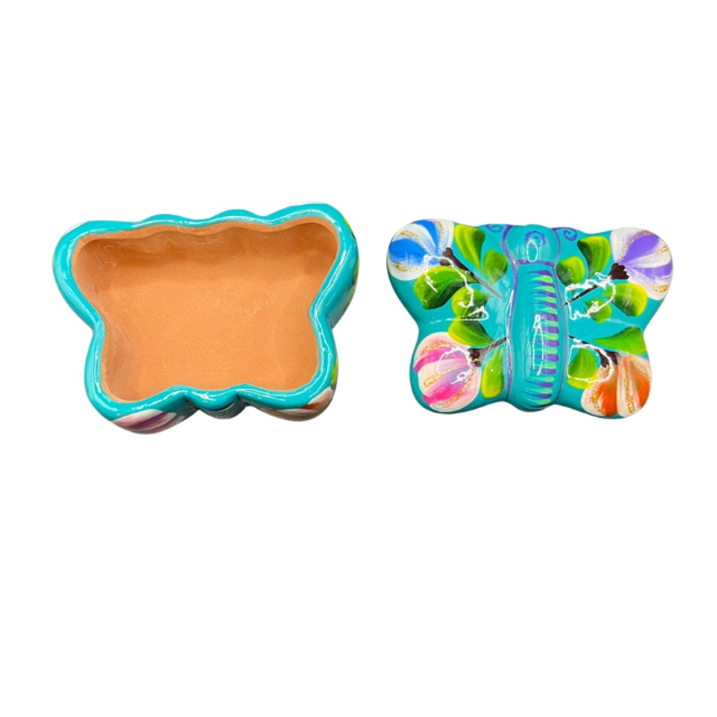 Vintage Mexican Folk Art Butterfly Pottery Trinket Box Turquoise Floral