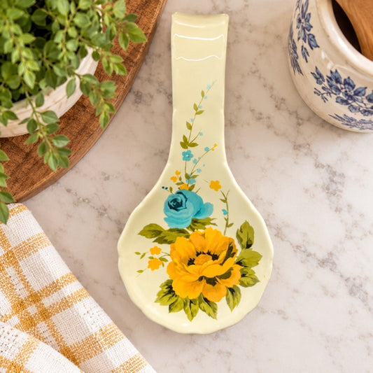 The Pioneer Woman Rose Shadow Stoneware Spoon Rest Blue Yellow Floral 8.5 inch