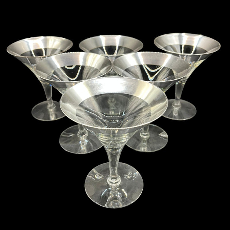 Mid Century Modern Dorothy Thorpe Silver Band Trumpet Cocktail Glasses Set of 6