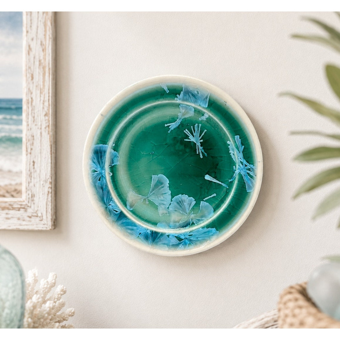 Signed Studio Pottery Art Plate Green Glaze Blue Crystalline Wall Hanging Dish