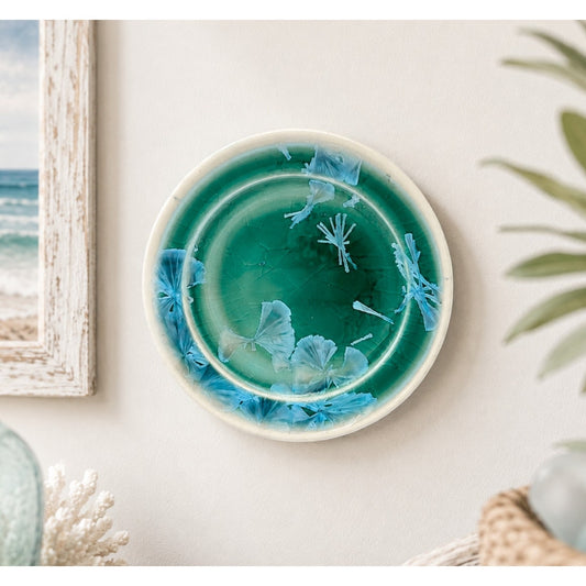 Signed Studio Pottery Art Plate Green Glaze Blue Crystalline Wall Hanging Dish