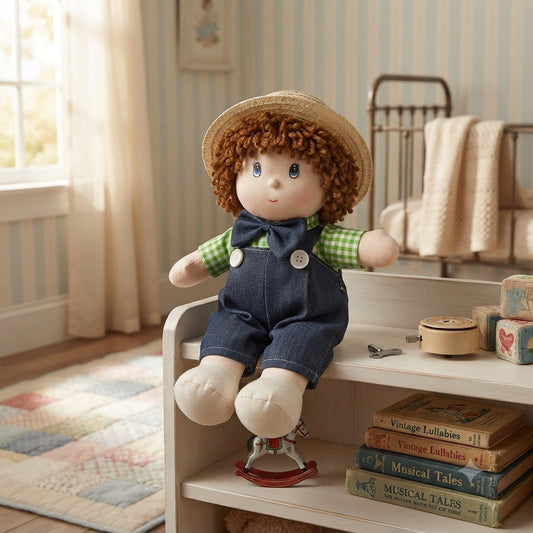 Vintage Heart Songs Wind Up Musical Animatronic Doll Boy in Overalls