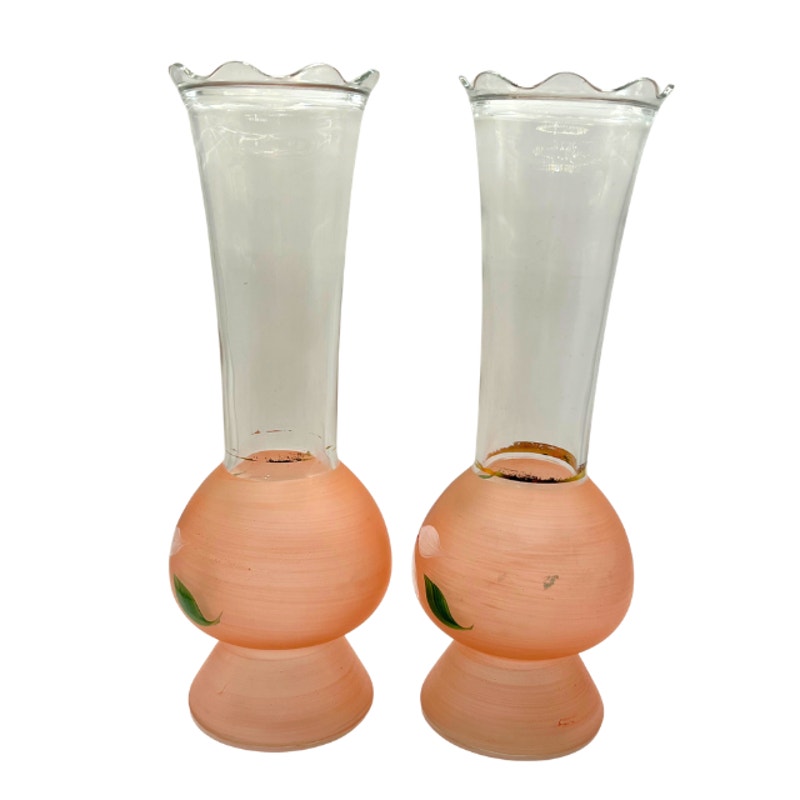 Vintage Bartlett Collins Frosted Pink Glass Vases Hand Painted Pair 9" MCM