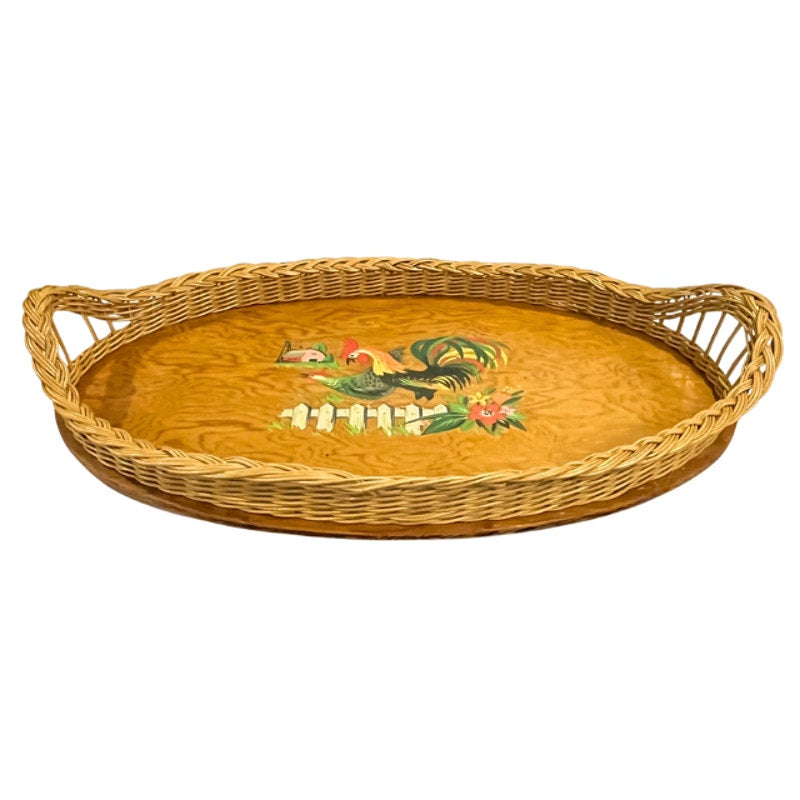 Vintage Oval Wooden Serving Tray Wicker Border Folk Art Rooster Farmhouse