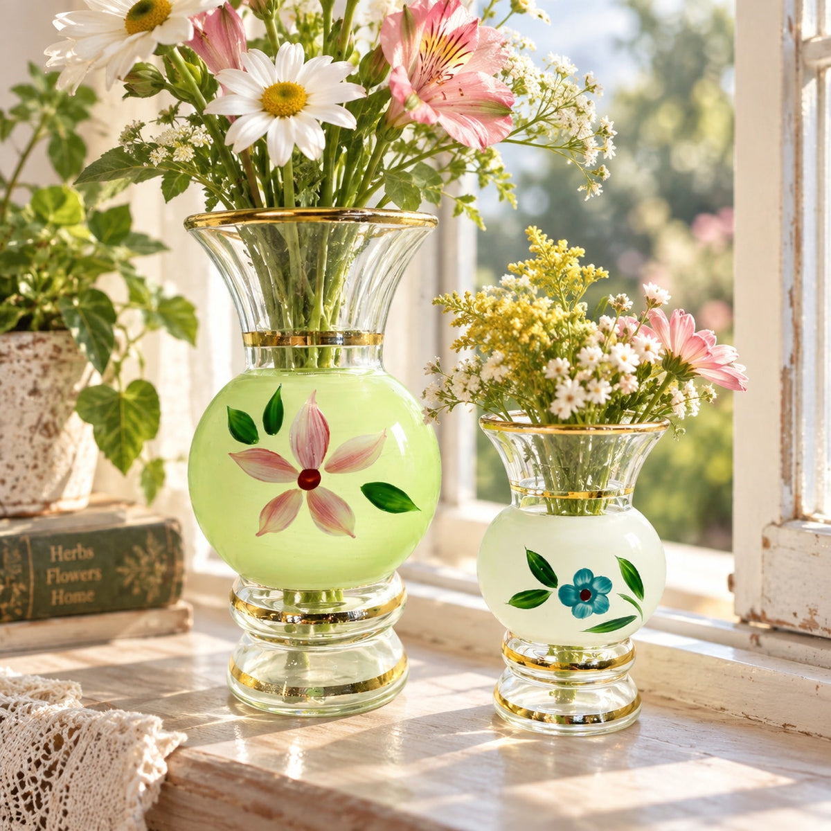 Vintage Bartlett Collins Handpainted Gold Gilded Glass Flower Vases Set of 2