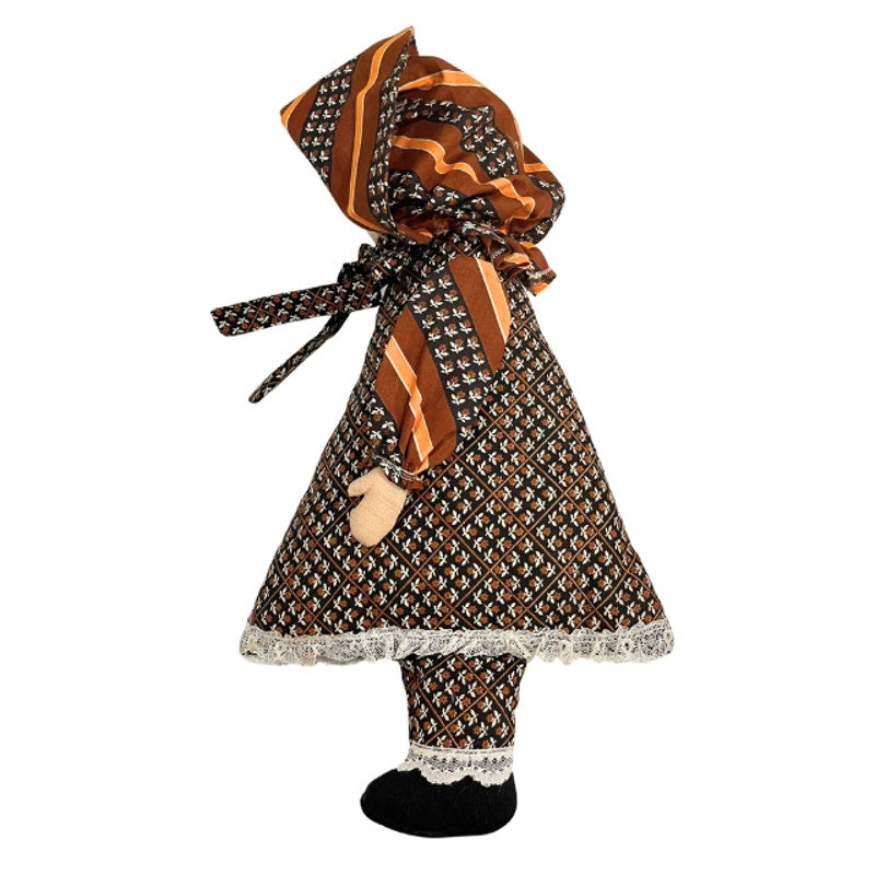 Vintage Handmade Fabric Folk Art Doll Hooded Dress Patterned Lace Trim 18 Inch