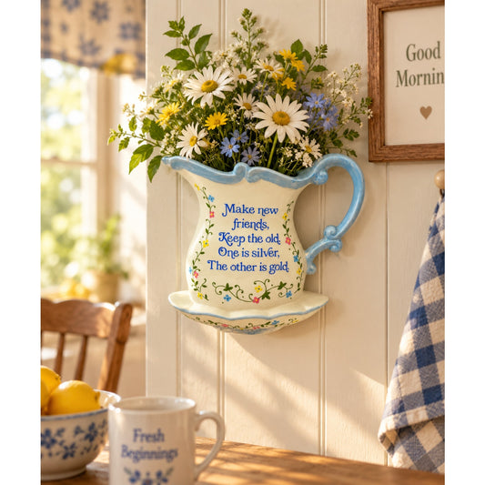 Vintage Lorrie Design Wall Pocket Floral Pottery Pitcher Basin Blue Trimming