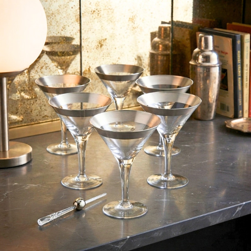 Mid Century Modern Dorothy Thorpe Silver Band Trumpet Cocktail Glasses Set of 6