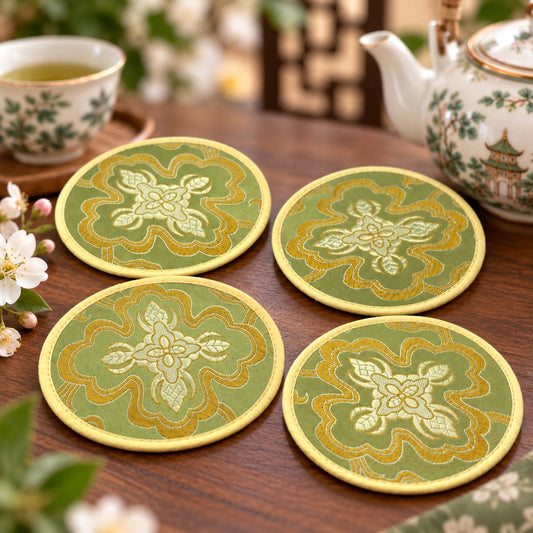Vintage Chinese Embroidered Coaster Set 4 Green Gold Motifs Original Sleeve