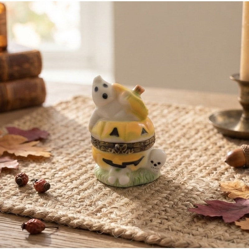 Vintage Herco Halloween Ghost Pumpkin Skull Hinged Ceramic Trinket Box