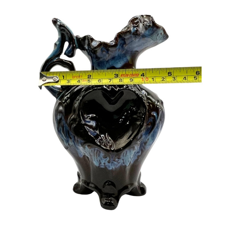 Vintage Art Pottery Pitcher Blue Brown Drip Glaze Heart Motif Ornate Footed Jug