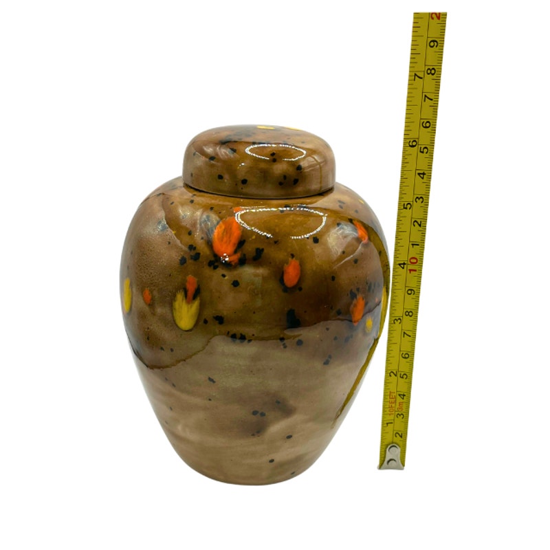 Vintage 70s Studio Pottery Lidded Jar Brown Speckled Glaze Orange Yellow Accents