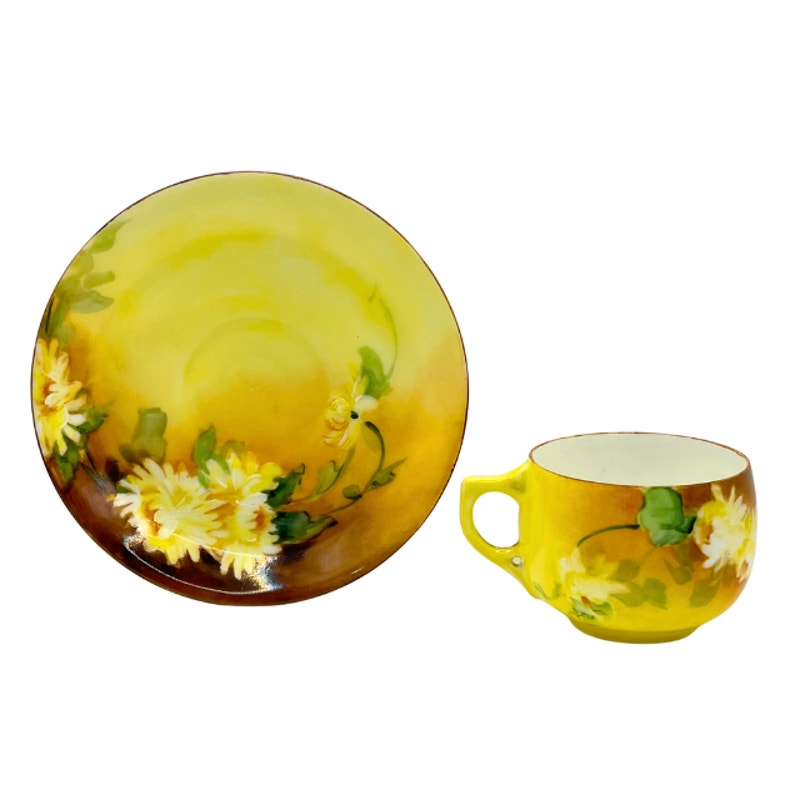 Antique Limoges Porcelain Teacup and Saucer Hand Painted Signed Edith V. Snall