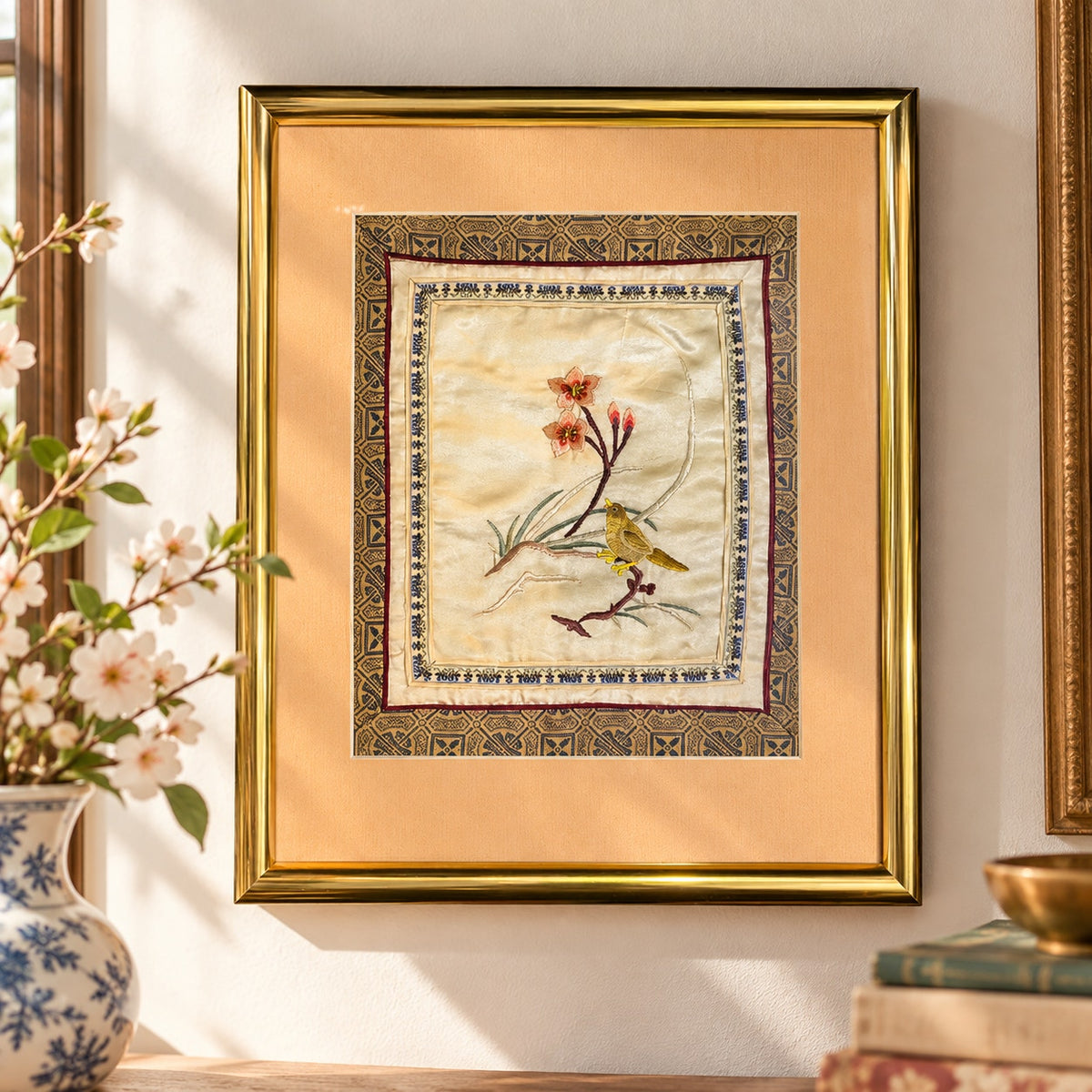 Vintage MCM Chinese Silk Embroidery Bird Cherry Blossoms Framed Art