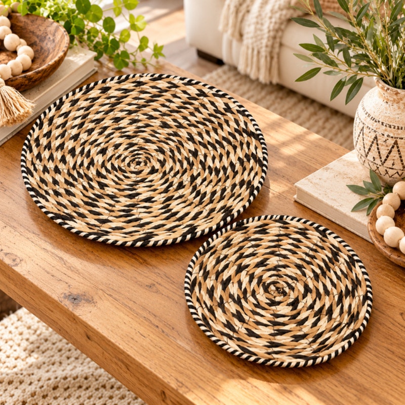 Boho Woven Seagrass Pedestal Baskets Set Natural Earth Tone Decor