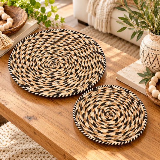 Boho Woven Seagrass Pedestal Baskets Set Natural Earth Tone Decor