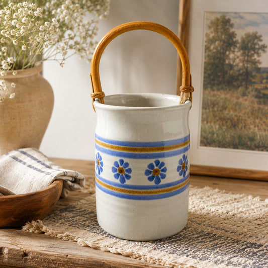Vintage Williamsburg Pottery Salt Glaze Stoneware Crock Bucket Blue Floral