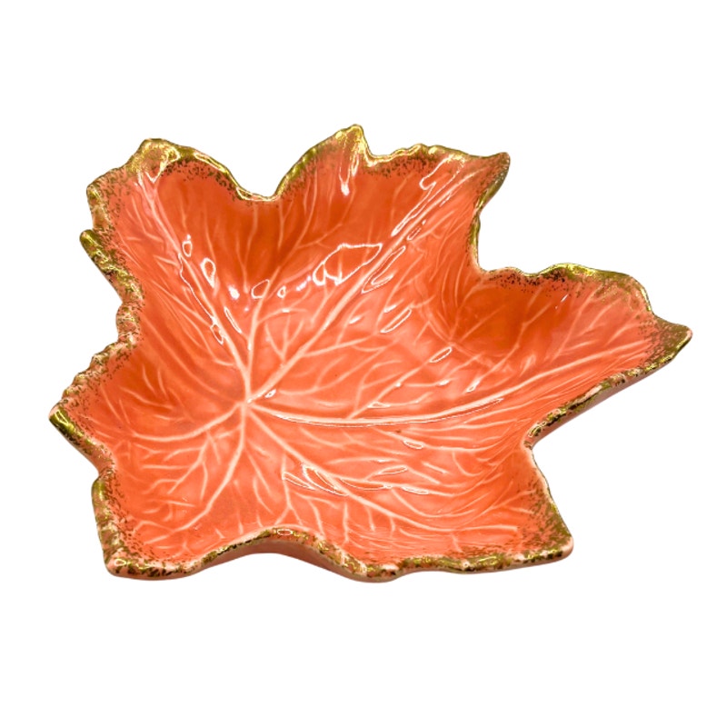 VTG California Pottery Maple Leaf Dish Coral Orange With Gold Trim USA 727