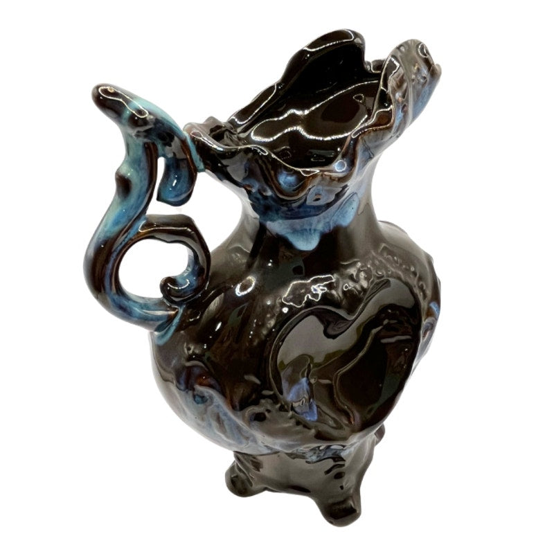 Vintage Art Pottery Pitcher Blue Brown Drip Glaze Heart Motif Ornate Footed Jug