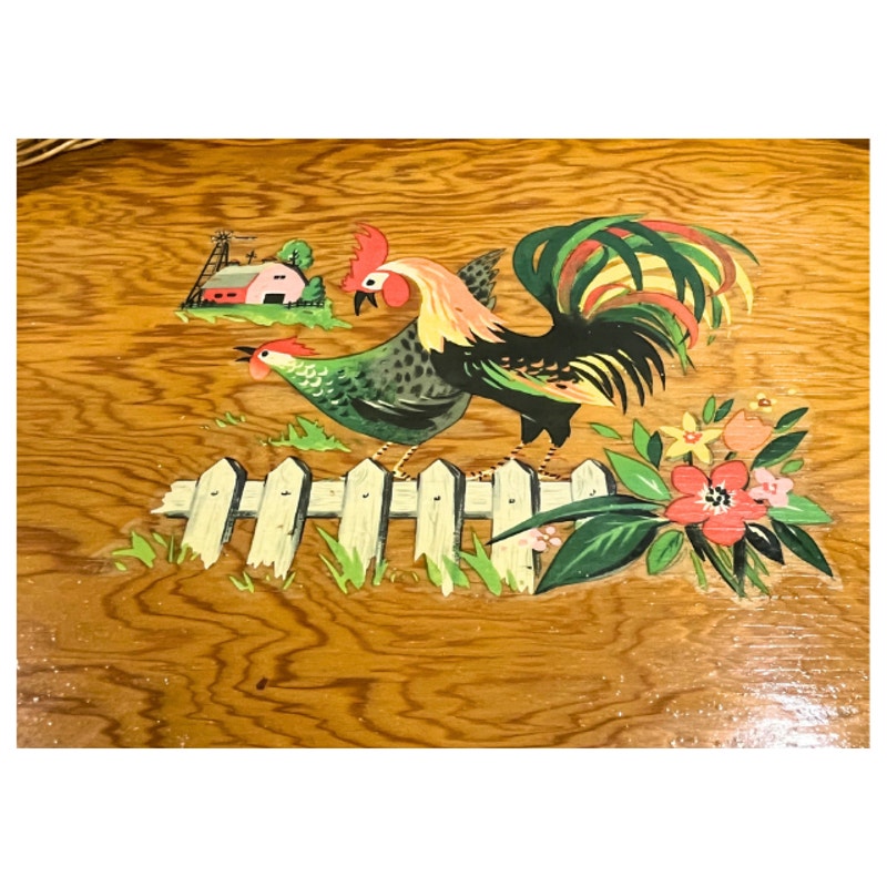 Vintage Oval Wooden Serving Tray Wicker Border Folk Art Rooster Farmhouse