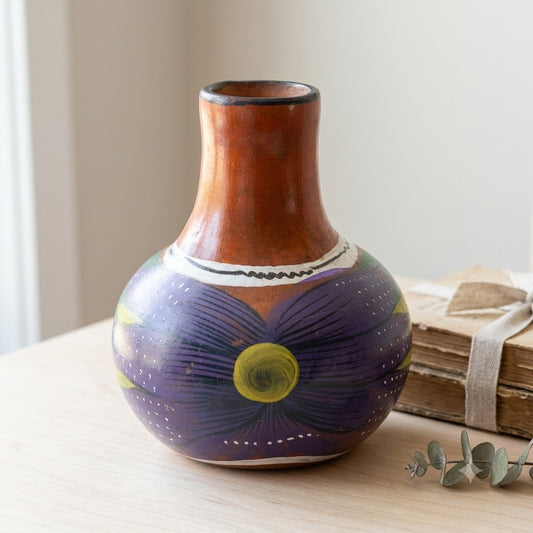 Vintage Mexican Terracotta Water Jug Hand Painted Floral Folk Art Approx. 6"