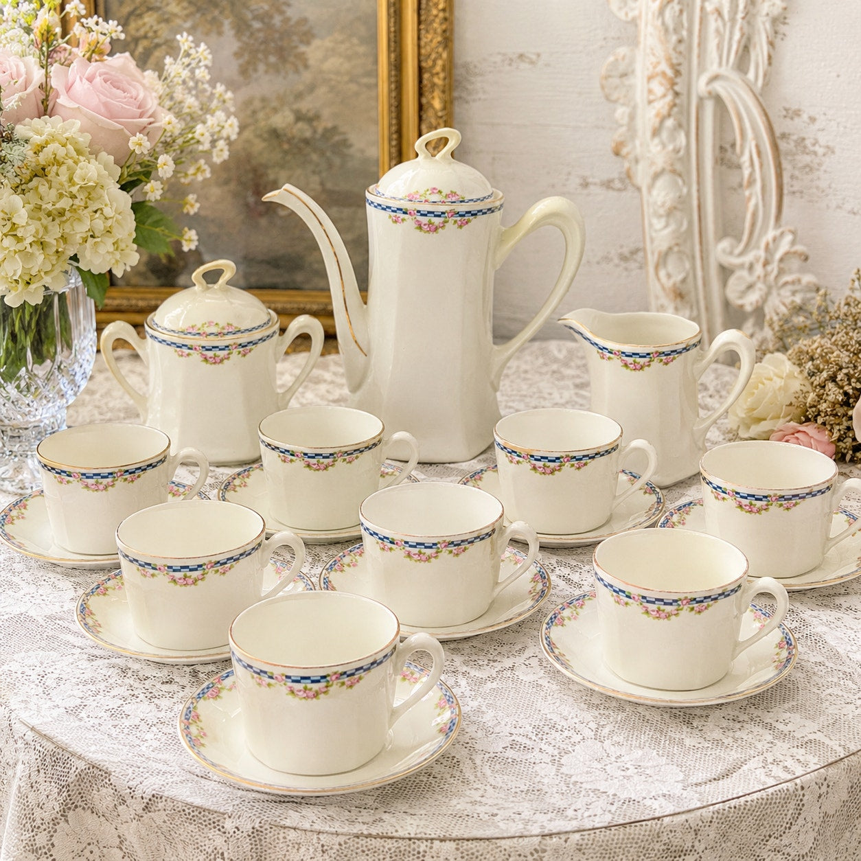 Antique French Limoges Tea Set Blue Ginham Pink Rose  19Pc  Charles Ahrenfeldt