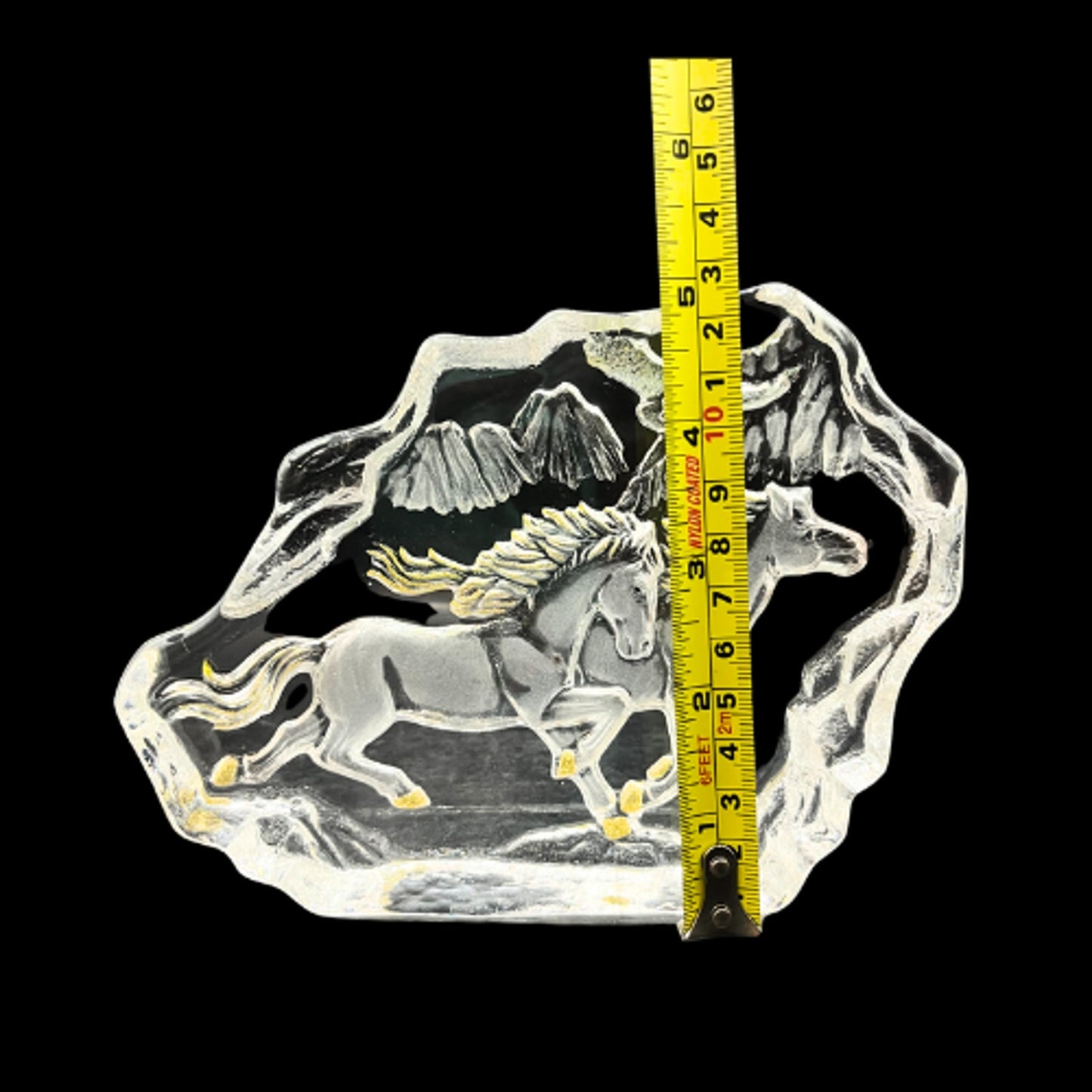 Vintage Crystal Running Horses Paperweight Mountain Landscape Gold Accent