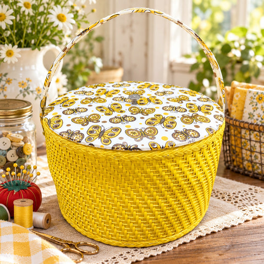 Vintage Yellow Woven Sewing Basket Retro Butterfly Padded Lid Handle 10"