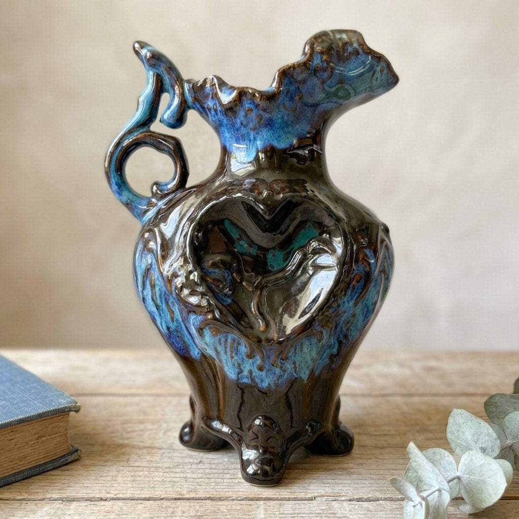 Vintage Art Pottery Pitcher Blue Brown Drip Glaze Heart Motif Ornate Footed Jug