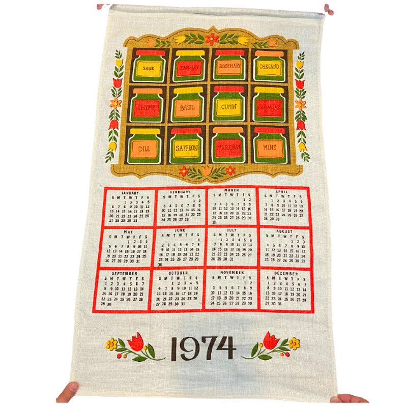 Vintage 1974 Spice Rack Calendar Tea Towel Herb Kitchen Wall Hanging Linen