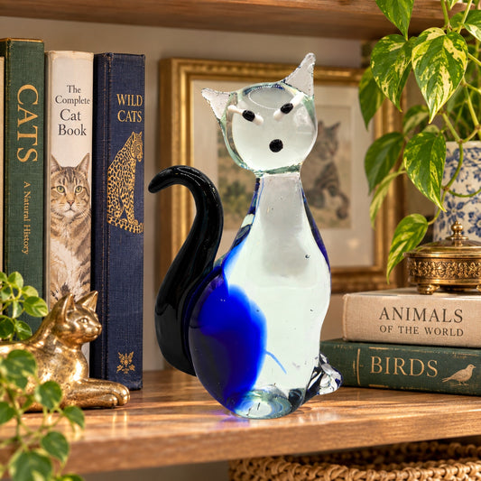Vintage Murano Style Cobalt Blue Glass Siamese Cat Figurine Hand Blown