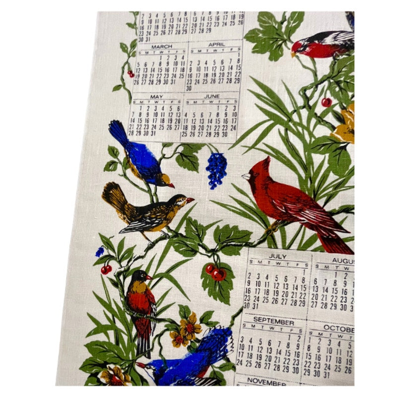 Vintage 1972 Songbirds Calendar Tea Towel Floral Bird Kitchen Wall Hanging Linen