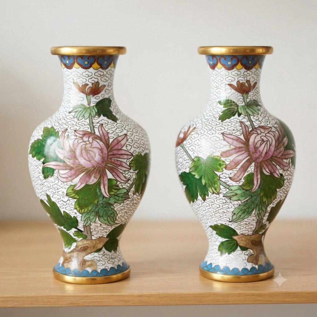 Pair Vintage White Cloisonne Vases Blue Pink Floral 6.5" Tall