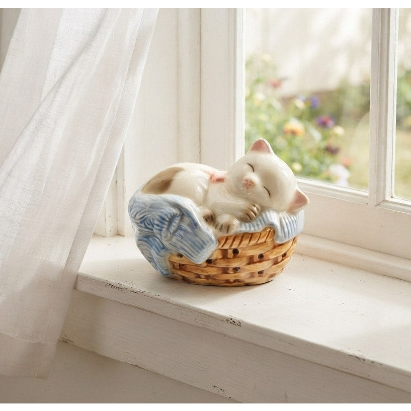 1980s Sleeping Kitten in Basket Potpourri Bead Holder Made in Japan For Avon