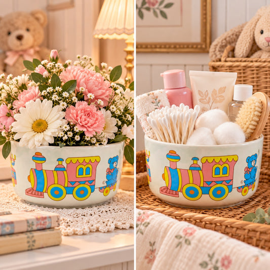 Vintage 1988 CMC Ceramic Baby Cereal Bowl Train Teddy Bear ABC Korea