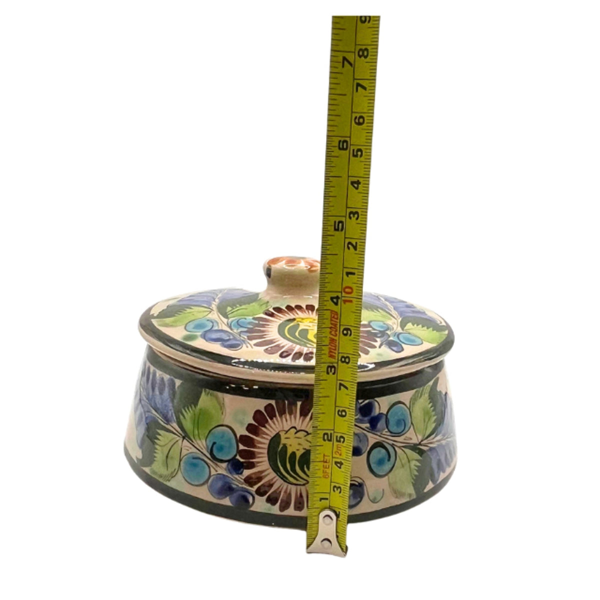 Vintage Tonala Mexican Pottery Bean Pot Hand Painted Talavera Floral Blue