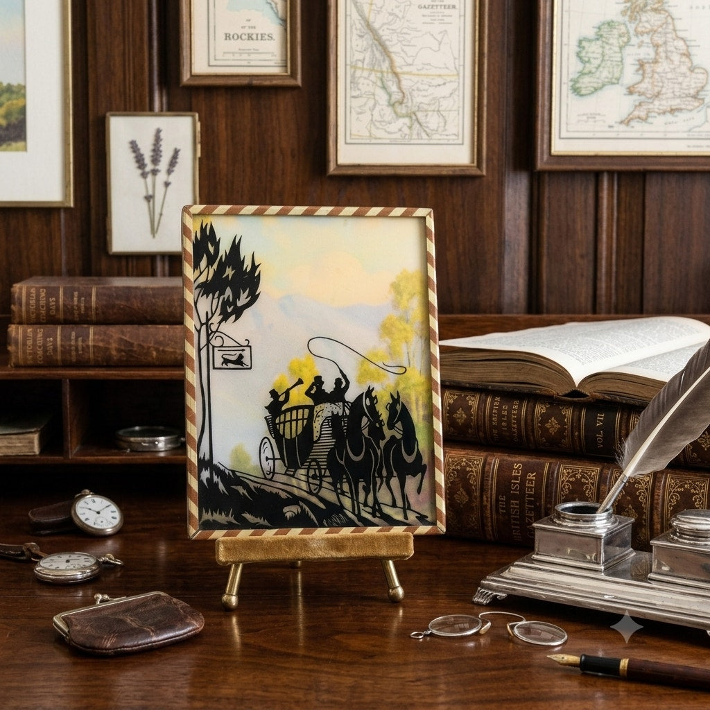 Vintage Reverse Painted Silhouette Horse-Drawn Carriage Scene